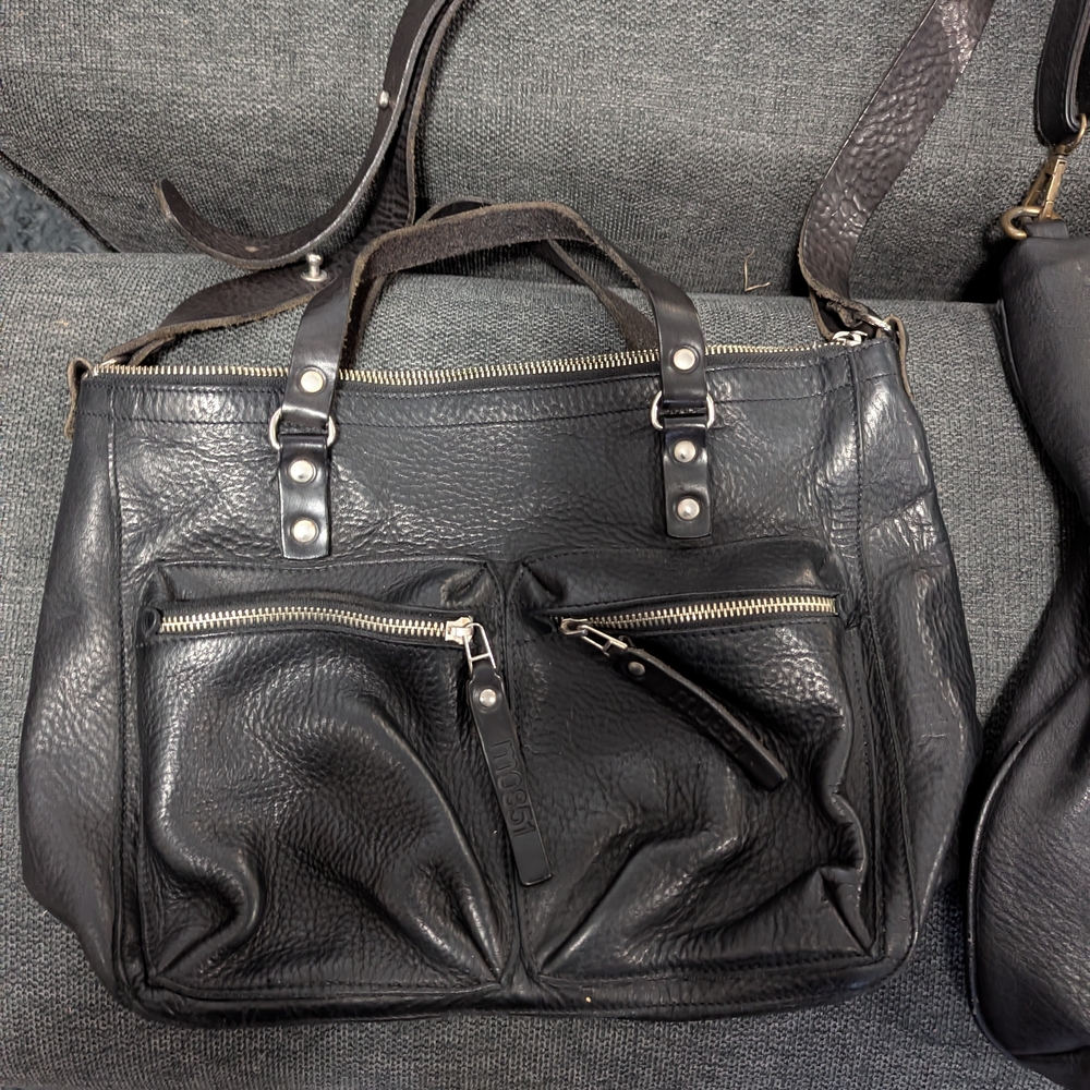 Black Leather Tote Bag with Front Zip Pockets